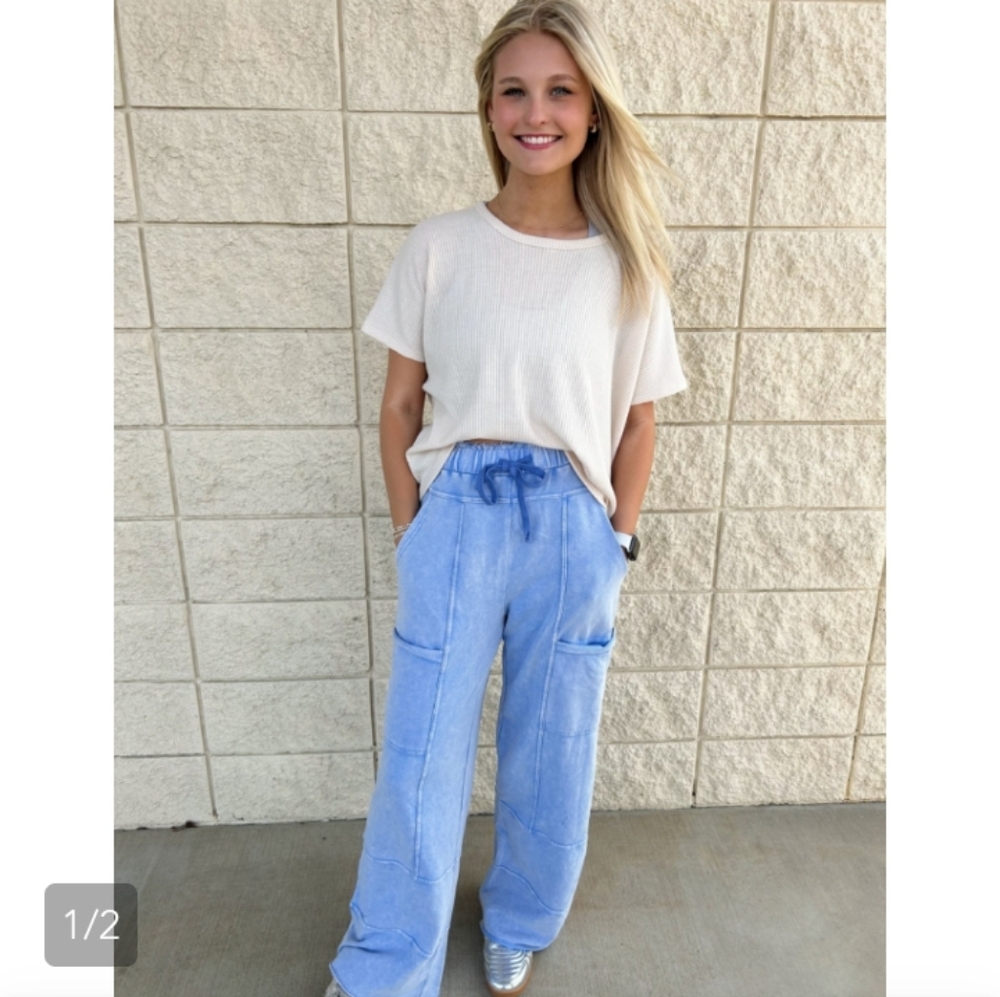 Nwt Extra Large Blue Velvet Blue Wide-Leg Pants With Pockets